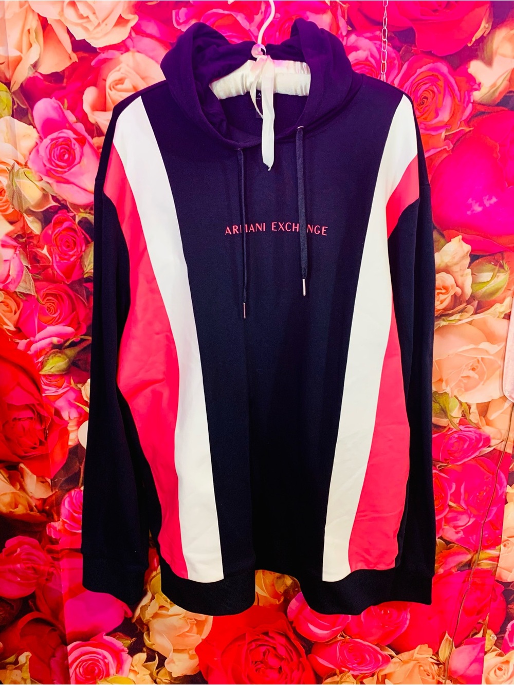 Armani Exchange Black Hoodie with Hot Pink & White Panels Collegecore